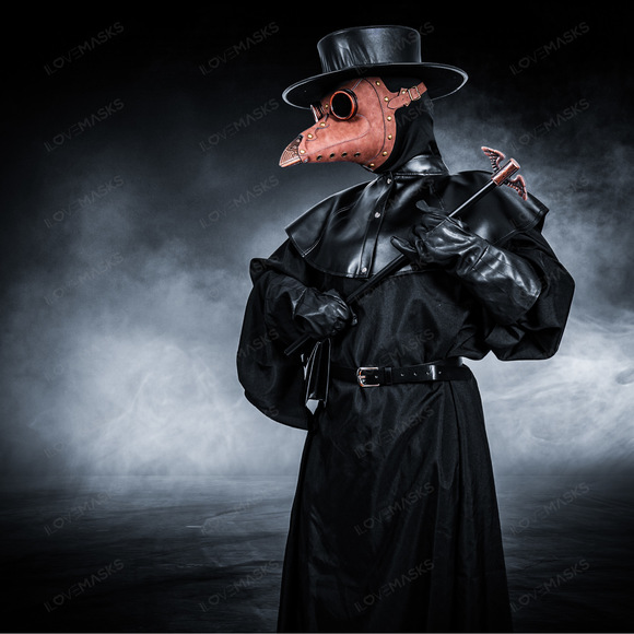 Plague Doctor with Bird Beak Mask & Flat Hat Full Costume Set - Brown
